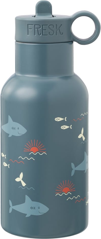 Fresk Thermosfles 350 ml - RVS Waterfles – Lekvrije Drinkfles voor Kinderen – Koude en Warme Dranken – BPA-vrij – Onbreekbaar – 2 Doppen – Thermosbeker – Drinkbeker Jongens - Blauw - Shark
