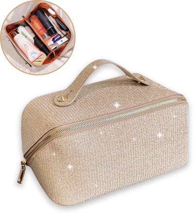 Rainbecom - Make-uptas Dames – Grote Capaciteit Toilettassen – Lay-flat Luxe Toilettas – Glanzend Goud – Reistas Cosmetica Tas – Reistoilettas - Cadeau
