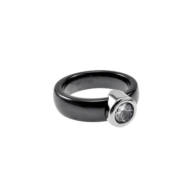 Keramiek Ring Dames - Zwart Keramiek en RVS Ring met Wite Zirkoniasteen