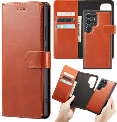 Casemania Hoesje Geschikt voor Samsung Galaxy S24 Ultra - Sienna Brown - 2 in 1 Magnetische Leren Book Case - Uitneembare Portemonnee Hoes met Kaartvakken voor Telefoon