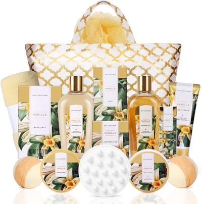 Spa Luxetique - Vanilla Gold - XL Wellness Verwenpakket Vanille 15-delig - Geschenkset Vrouwen - Giftset Wellness bath - Verjaardag Cadeau Vrouw, Moeder, Mama, Zus, Vriendin, Oma, Juf - Cadeautje voor haar