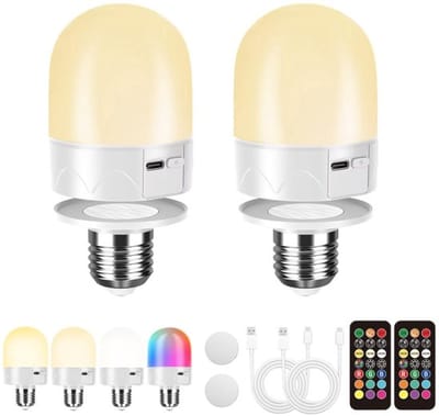 USB oplaadbare gloeilamp met afstandsbediening, E27 batterijlamp voor lamp, oplaadbare RGB-kleurveranderende lamp, 12 kleurtemperaturen, dimbaar, 3 timers, draadloos nachtlampje, 800 lm, verpakking van 2