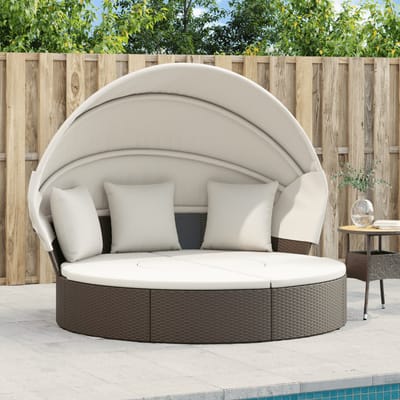 vidaXL - Loungebed - met - luifel - en - kussens - poly - rattan - bruin