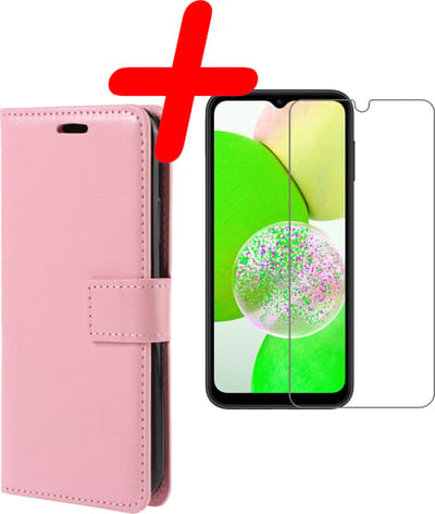 Hoesje Met Screenprotector - Geschikt voor Samsung Galaxy A14 - Luxe Pasjeshouder - Bookcase Portemonee - Flip Case - Kunstleer Book Case - Flipcase - Book Cover - Walletcase - Portemonneehoes - Lichtroze