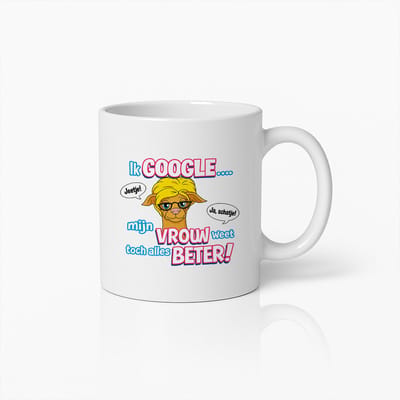 Grappige Echtgenoot Mok 330ml – “Ik Google, Maar Mijn Vrouw Weet Toch Alles Beter” – Humoristische Beker Cadeau voor Mannen & Koppels