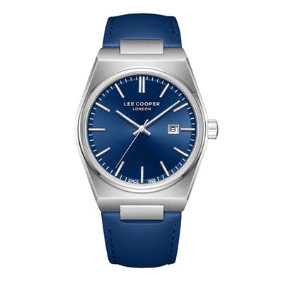 Lee Cooper LC08261.362 - Horloge - Polshorloge - Analoog - Heren - Mannen - Leren band - Metaal - Afgeronde vierkant - Rond - Strepen - Datumaanduiding - Zilverkleurig - Donkerblauw - Wit - Zwart