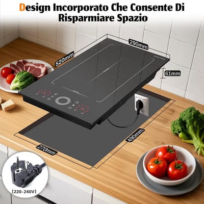 NOXTON Domino induction hob Flexzone 2 plates with round slider, induction field 2 zones with plug, induction hob 30 cm flush-mounted with timer, safety lock, 220-240 V, 3500 W