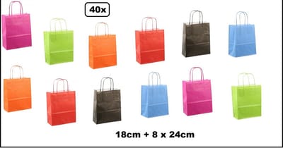 40x Koordtas papier mix 18cmx8cmx24cm - goodiebag|papieren|draagtas|tas|koord|festival|kado|themafeest|party|geschenken