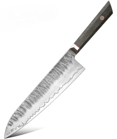 KAAMUT® Gyuto Mes 23 cm 3 Lagen Damascusstaal – Kern van 10Cr15CoMoV Staal – Vlijmscherp – Professioneel Koksmes – Handvat van Burlhout