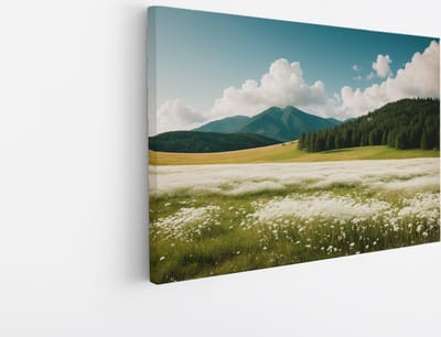 Saammp Canvas Schilderij - Landschap - Witte bloemenveld met naaldbomen - Natuur - 30x20 - Foto op canvas - Wanddecoratie - Muurdecoratie Woonkamer - Slaapkamer decoratie - Canvas Print