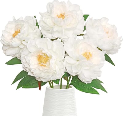SnelShoppen - 6 stuks Pioenrozen Kunstbloemen - Ivoorwitte Zijde - 41 cm - Realistische Namaakbloemen voor Bruiloft, Tafeldecoratie en Arrangements
