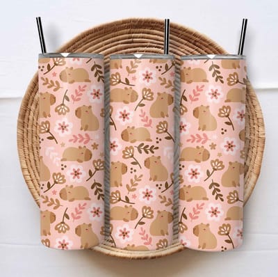 Creasowl® - Roze Capybara Patroon - Tumbler - Geïsoleerde roestvrijstalen Capibara isoleerfles - Thermoskan - Thermosbeker - Thermosfles 590ml - Travel Mug - Theebeker - Thermos beker - Draagbare drinkfles - RVS - Lekvrije Koffiebeker to go
