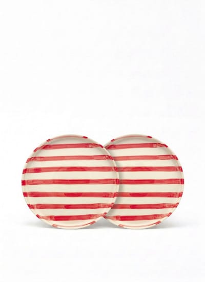 vtwonen - Borden - Lunchbord - Strepen - Rood - Set van 2 - Keramiek - 20cm