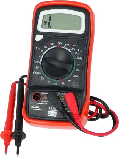 Carpoint Digitale Multimeter – Meet verschillende spanningen, weerstand & diodemetingen - Duidelijke digitale display - 7 karakters en 15mm hoog - Functie & bereikschakelaar - 2 kleur gecodeerde snoeren
