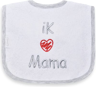 Funnies geborduurd tekst slabbetje: ik hartje mama (rood)