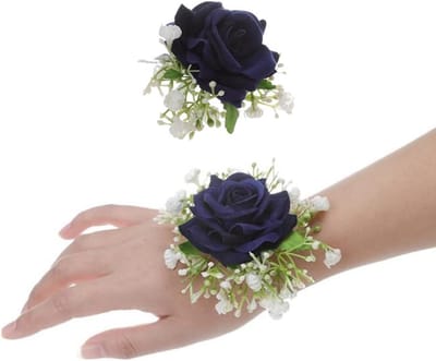 Corsage en Boutonniere Set - Polsbloemen Bruiloft - Bruiloft Decoratie - Twee-in-één Design - 2 stuks - Donkerblauw
