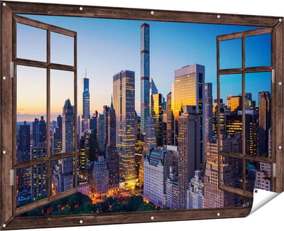 Gards Tuinposter Doorkijk New York bij Zonsopgang - 180x120 cm - Tuindoek - Tuindecoratie - Wanddecoratie buiten - Tuinschilderij