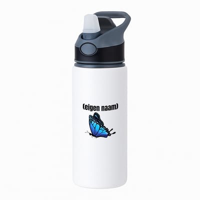 Hacebo® - blauwe vlinder met eigen naam waterfles met rietje zwart - Vlinder - dieren liefhebber - iemand die houdt van vlinders - verjaardag - cadeau - kado - geschenk - water fles - 650ML