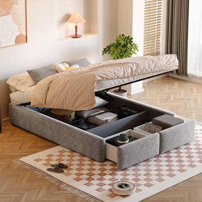 MODFU Bedframe 140x200 cm – Grijs katoen/linnen met hydraulisch & 2 lades – Zonder hoofdbord