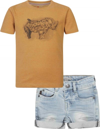 Noppies - Dirkje - Kledingset - 2delig - Short blauw - Shirt Ross Oker - Maat 122