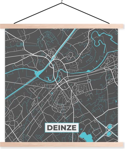 Posterhanger incl. Poster 40x40 cm - Schoolplaat - België – Deinze – Stadskaart – Kaart – Blauw – Plattegrond - Textielposter - Blanke latten - Stadskaart