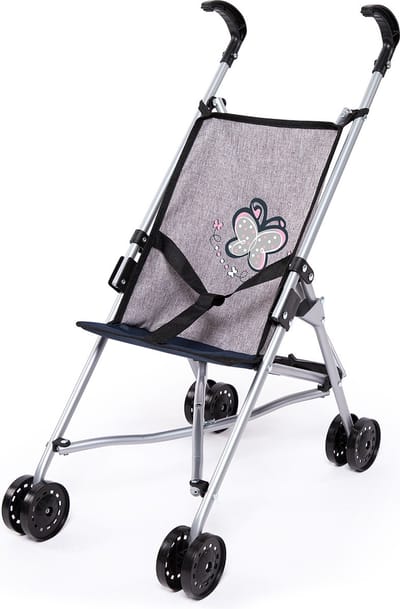 Bayer Design - Poppenbuggy, opvouwbaar, vier dubbele wielen, grijs, roze, met vlinder
