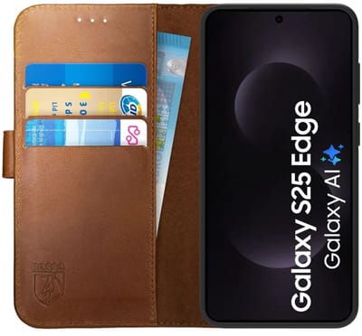 Rosso Deluxe Echt Leer Hoesje Geschikt voor Samsung Galaxy S25 Edge | Ruimte voor drie pasjes | Portemonnee Book Case | Met Pasjeshouder | Bruin