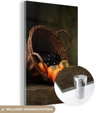 MuchoWow® Glasschilderij 120x180 cm - Schilderij acrylglas - Rustiek - Fruit - Kan - Mand - Stilleven - Foto op glas - Schilderijen