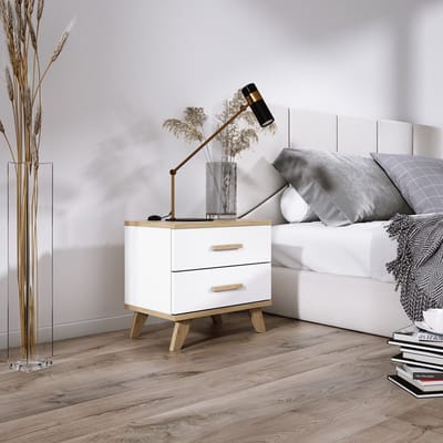 Meubel Square - Nachtkastje SINDI - Set van 2 - Wit - Eiken - met massief houten poten - Scandinavische stijl