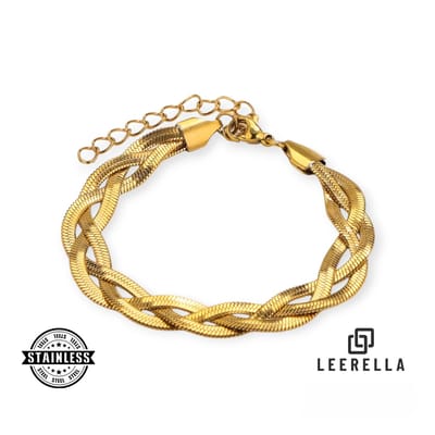Leerella Driekeer Gevlochten Slang Armband – Luxe Roestvrijstalen Armband in Goud-Kleur – Verstelbaar & Waterproof 16+5 cm