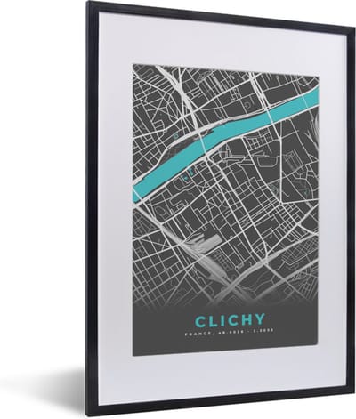 Fotolijst incl. Poster - Kaart - Stadskaart - Plattegrond - Frankrijk - Clichy - 30x40 cm - Posterlijst