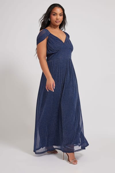 Yours London Maxijurk Met Blote Schouders In Metallic Donkerblauw Size 48