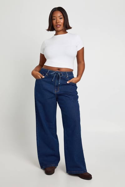 boohoo Dames Plus Elastische Achterkant Strikband Trekkoord Rechte Pijp Jeans | Indigo | Maat: 48