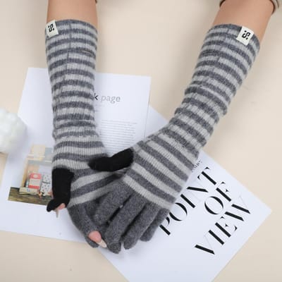 Koreaanse Versie van Uitgebreide Kleurblok Gebreide Handschoenen voor Dames Strepen Retro Veelzijdig Herfst en Winter Buiten Warm Vinger Wol Handschoenen voor Heren average size gray