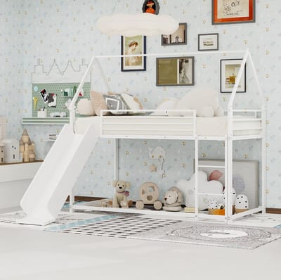 FloraGrace Hoogslaper 90x190 cm - Kinderbed Met Glijbaan En Trap - Huisvormig Bedframe - Ruimtebesparend - Metaal - Zonder Matras - Wit
