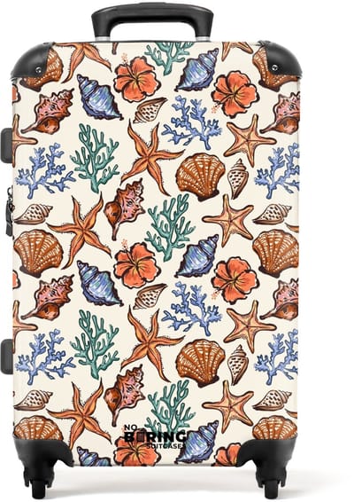 NoBoringSuitcases.com - Grote koffer - Koraal met zeesterren print - Kinderkoffer geschikt voor jongen en meisjes - Reiskoffer met 4 wielen - Trolley op wieltjes - Rolkoffer groot kinderen - 72 liter - Ruimbagage valies 20kg