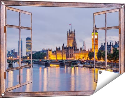 Gards Tuinposter Doorkijk London Big Ben en Westminster Brug - 90x60 cm - Tuindoek - Tuindecoratie - Wanddecoratie buiten - Tuinschilderij