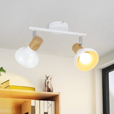 NETTLIFE Opbouwspot - E14 Fitting - 2-Lichts - wit - L 25.5cm - met Hout ontwerp - Metaal - Moderne Plafondlamp - 350° draaibar Plafondspot - voor Keuken | Hal | Woonkamer - Zonder lamp