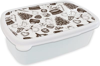 Broodtrommel Wit - Lunchbox - Brooddoos - Vintage - Kerst - Patronen - December - 18x12x6 cm - Volwassenen