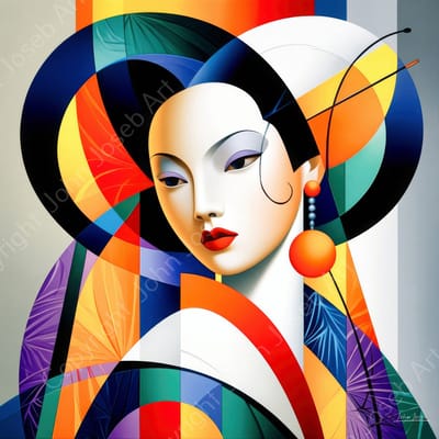 John Joseb Art (Aluminium) 100x100 | Vrouw, Geisha, abstract kubisme, Picasso stijl, Japan, kleurrijk, portret, kunst, vierkant, oranje, blauw, paars, geel, grijs, modern | foto-schilderij op dibond, metaal wanddecoratie
