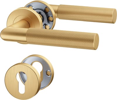 Mat Gouden Deurbeslag BAUHAUS, Deurbeslag set Binnendeur, Deurklink Set, Deurklink met ronde rozet, met Cilindergat, PVD Mat Goud, Deurkruk, Incl. Bevestigingsmateriaal - Terugslagveer