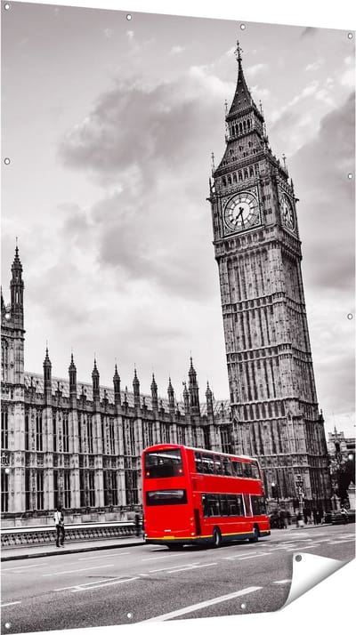 Gards Tuinposter Rode Bussen in Londen - Retro - 120x180 cm - Tuindoek - Tuindecoratie - Wanddecoratie buiten - Tuinschilderij