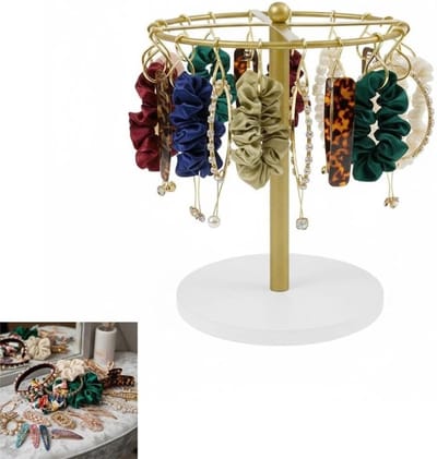 Goudkleurige sieradenstandaard met houten sokkel, draaibaar en ruimte voor 16 haarspelden, ideaal voor slaapkamer en badkamer, perfect als cadeau voor haar