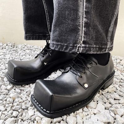 Heren Leren Schoenen Heren Nieuwe Vierkante neus Dikke Platform Retro Werkschoenen Lente Herfst Derby Schoenen Lage Top Heren Casual Flats 38 black
