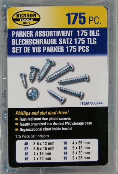 Benson Assortiment parkerschroeven - verzinkt - 175 stuks - 8 maten