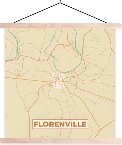 Posterhanger incl. Poster 40x40 cm - Schoolplaat - Florenville - Stadskaart - Vintage - Kaart - Plattegrond - Textielposter - Blanke latten - Stadskaart