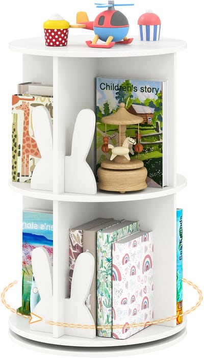 COSTWAY Draaibaar boekenkast voor kinderen, kinderrek met 2 niveaus en hazenscheidingswanden, 360 graden, kinderboekenkast, vrijstaand, speelgoedrek voor kinderkamer, speelkamer, 40 x 40 x 65 cm (wit)