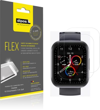 dipos – 2x Beschermfolie geschikt voor Oukitel V2 Smartwatch 1.91 Zoll | 3D Full Cover Screenprotector | 100% Passend