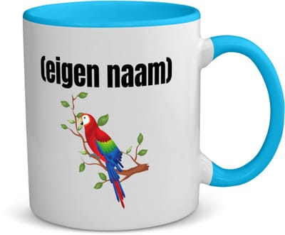 Akyol - papegaai op een tak met eigen naam koffiemok - theemok - blauw - Papegaai - papegaai liefhebbers - iemand die houdt van papegaaien - verjaardag - cadeau - kado - 350 ML inhoud