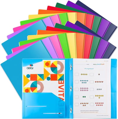 Kleurige 20-delige kunststof mapset, stevige pocketmappen met pinnen voor A4-papier, 2 vakken, 3 stiksels en 2 kaartslots, ideaal voor kantoor en schoolgebruik